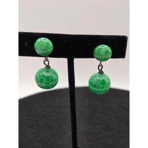 Vintage Green Faux Jade Lucite Bead Dangle Earrings Costume Jewelry Screw Back
